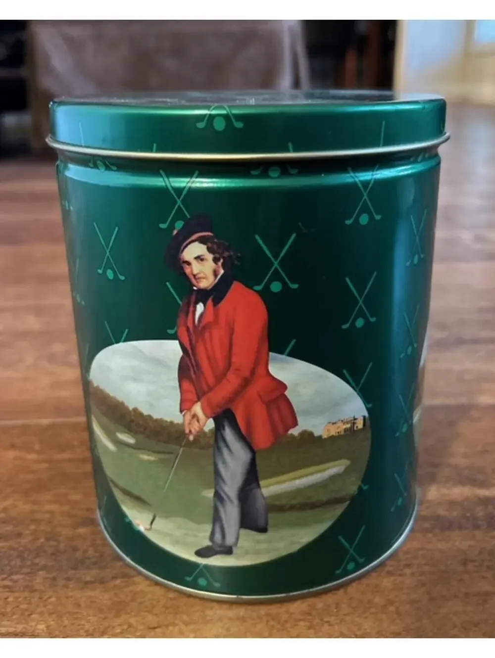 Vintage Green Metal Golf-Themed Storage Tin Canister